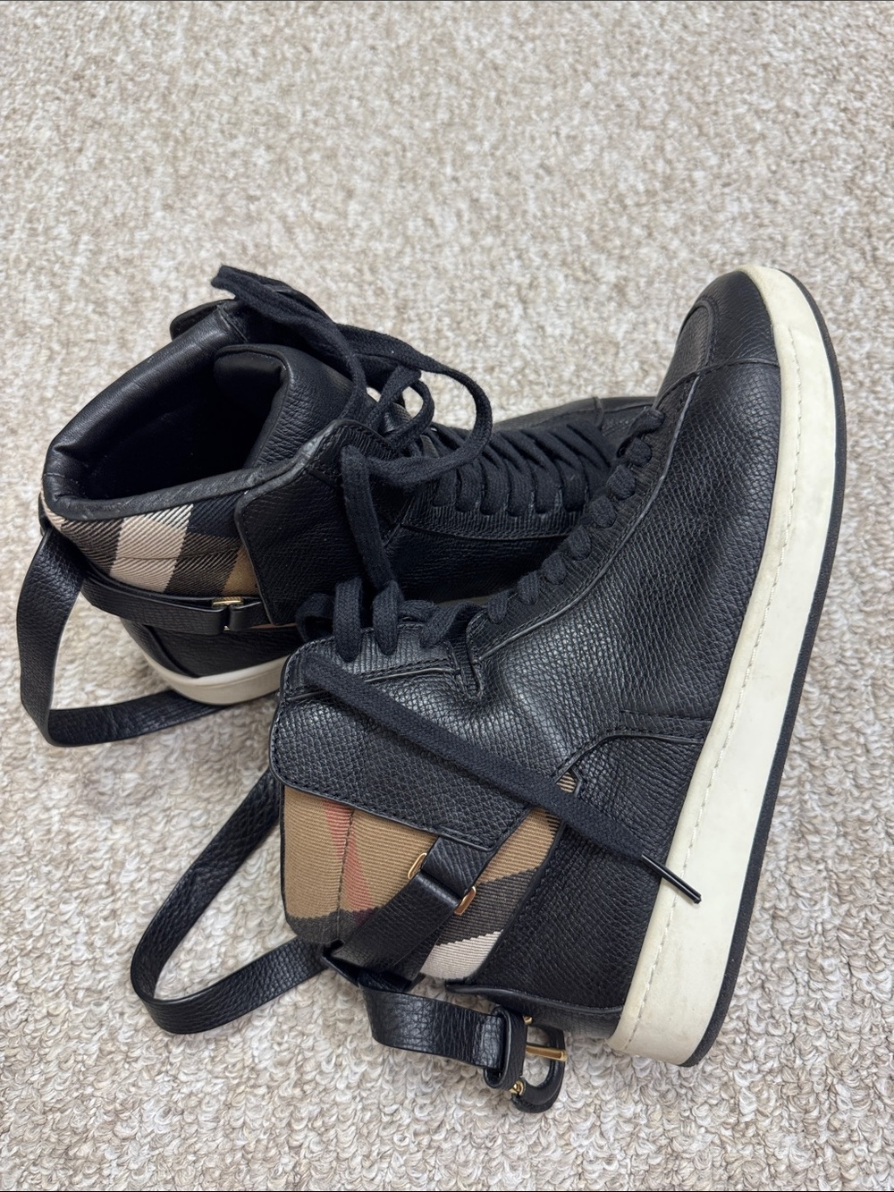 Burberry Black Leather High-Top Sneakers with Beige Check